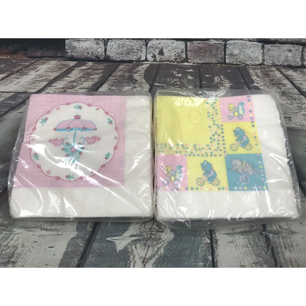 100 Vtg Baby Shower Napkins Parasol Umbrella & Animals 2 Packs / 50 Count Each